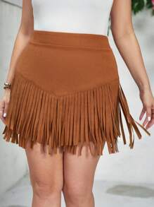 SHEIN VCAY 大码高腰流苏装饰牛仔裙 - 棕色 - 查看 5