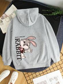SHEIN EZwear 女卡通兔子印花連帽衫 - 淺灰色 - 查看 1