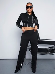 SHEIN SXY 商務輪廓性感派對服配方領拼接連帽衫女式連帽衫 - 黑與白 - 查看 5