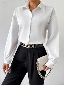 SHEIN LUNE Màu thuần Quay xuống Vòng cổ Nút phía trước Áo sơ mi - trắng - Xem 6