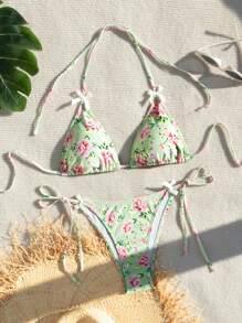 Women's Floral Pattern Halter Neck Bikini Set,Summer Beach - Multicolor - View 1
