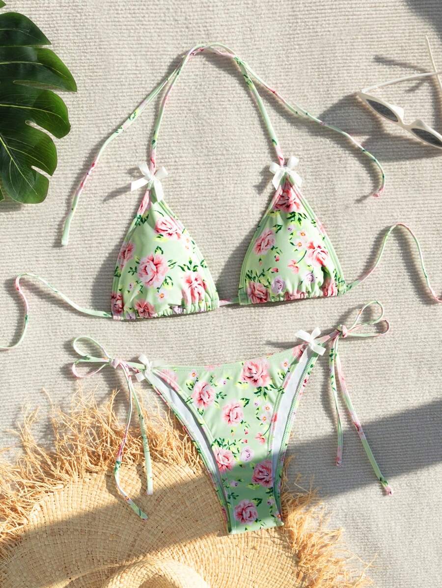 Women's Floral Pattern Halter Neck Bikini Set,Summer Beach - Multicolor - View 1