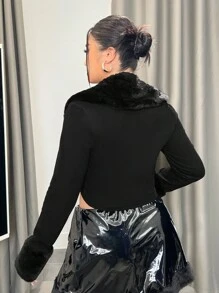 SHEIN ICON 女士大尺碼毛絨拼接長袖修身t恤 - 黑色 - 查看 5