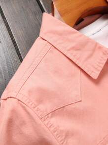 男士帶蓋口袋純色牛仔襯衫 - 西瓜粉 - 查看 3