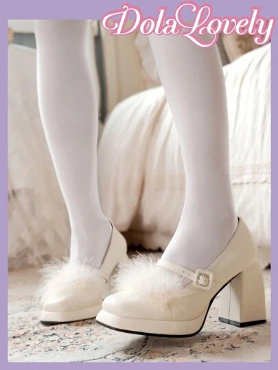 Dola Lovely Fluffy Decor High Heeled Mary Janes Shoes