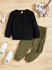 SHEIN Con trai Vòng cổ Tay áo dài Áo thun Và Quần yếm Bộ - Nhiều màu - Xem 1