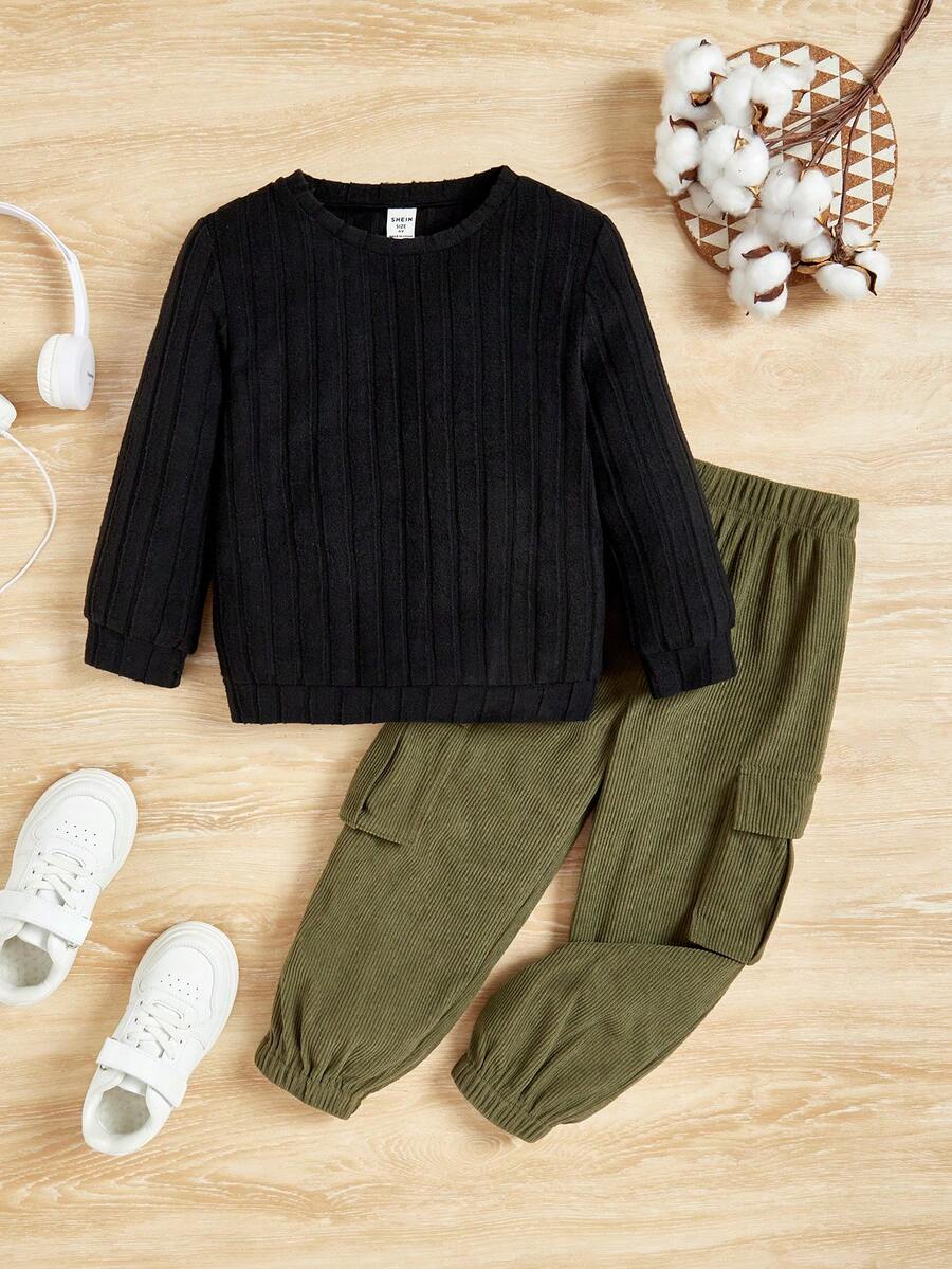 SHEIN Con trai Vòng cổ Tay áo dài Áo thun Và Quần yếm Bộ - Nhiều màu - Xem 1