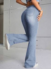 SHEIN EZwear Của phụ nữ Mèo Whisker Pháo sáng Quần jean - Rửa trung bình - Xem 2