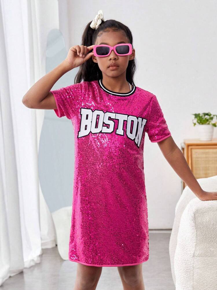 Tween Girl's Letter Embroidered Sequined Round Neck Short-Sleeved Dress