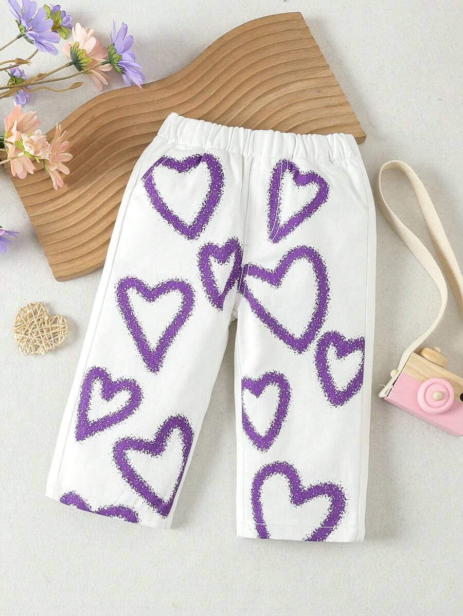 Baby Mädchen Lässige Und Bequeme Lila Jeans Mit Herzgedrucktem Muster