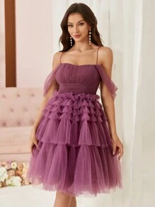SHEIN Belle Women's Open Shoulder Layered Mesh Tulle Dress For Cocktail Party - Purple - View 7