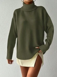 EURMUSE Turtleneck Drop Shoulder Sweater - Dark Green - View 5