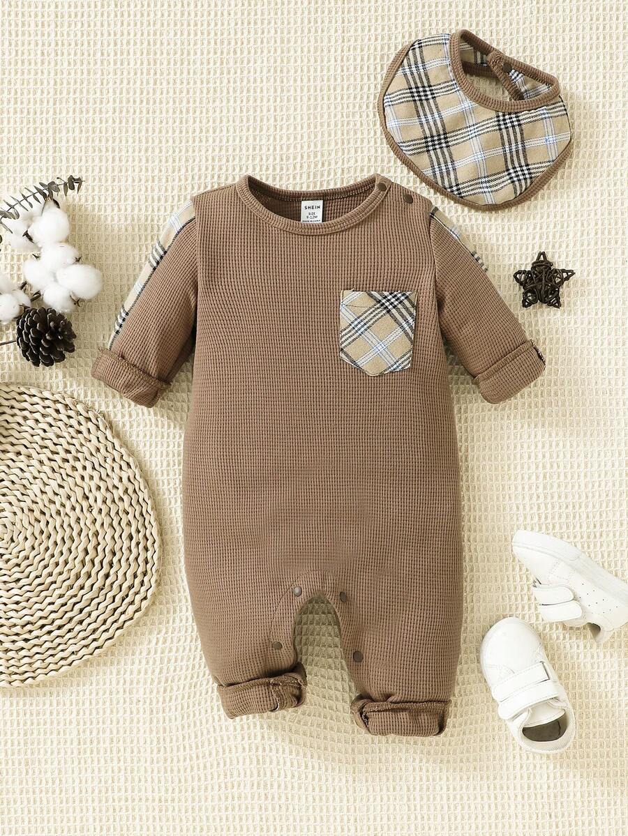 Enterizo De Cuello Redondo Con Babero Para Bebé Niño Con Diseño Patchwork De Cuadros - Café integral - Ver 1