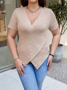 Celure Plus Size Women'S Knit Top With Pearl Embellishment - Apricot - View 5