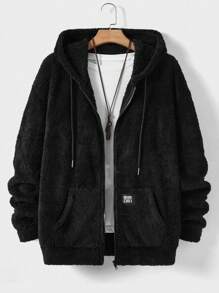 Manfinity VCAY Men's Hooded Plush Jacket With Letter Patch Detail - Black - View 1