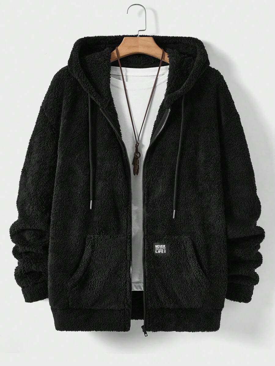 Manfinity VCAY Men's Hooded Plush Jacket With Letter Patch Detail - Black - View 1
