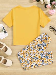 SHEIN Bé gái Lỏng lẻo phù hợp Giải trí Hoa Ngắn tay Dài Quần Bộ mặc nhà - Màu vàng - Xem 3