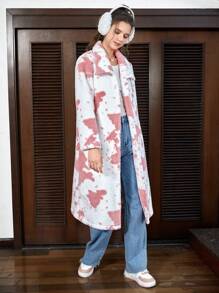 SHEIN EZwear Women's Furry Long Coat With Allover Printed Lapels - Pink - View 3