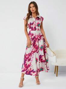 GENKIRA 女式大花紋印花洋裝,荷葉袖設計 - 玫紅色 - 查看 3