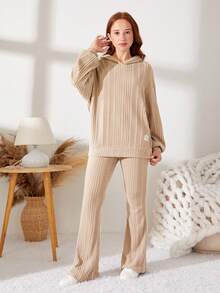 青少女編織標籤針織毛絨連帽衛衣和鈴鐺底休閒兩件套裝 - 杏色 - 查看 6