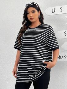 SHEIN EZwear 大码条纹圆领 T 恤，夏季 - 黑色 - 查看 3