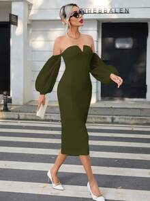 SHEIN Privé Women's Solid Color Off-Shoulder Lantern Sleeve Dress - Green - View 4