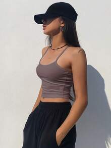 Dazy Star 女款羅紋褶襉短版吊帶上衣 - 棕色 - 查看 5