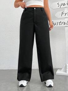 SHEIN EZwear 女款大尺寸高腰寬管梭織褲,黑色 - 黑色 - 查看 4