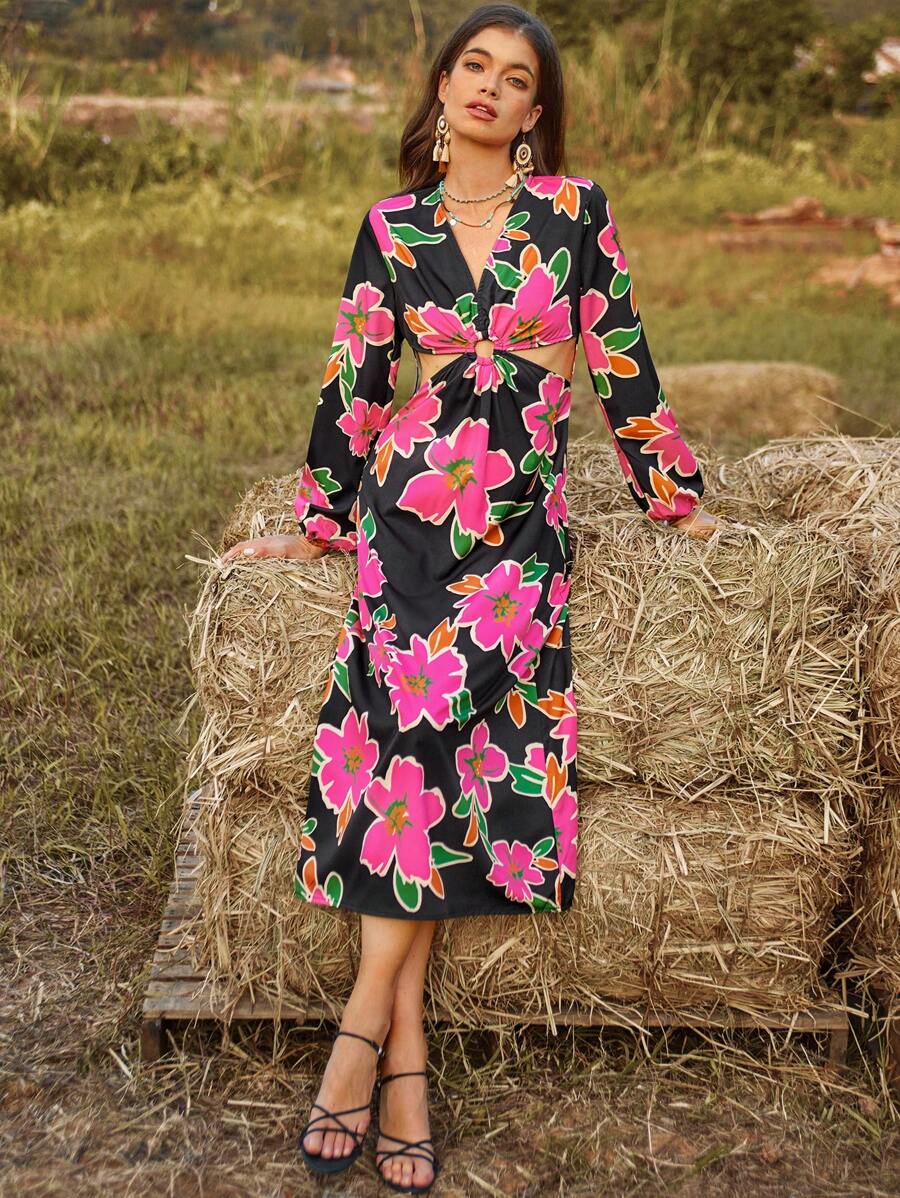GENKIRA Floral Print Lantern Sleeve Hollow Out Waist Dress Fall Cloth For Women - Multicolor - View 1