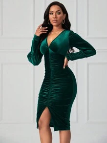 SHEIN Lady 女士天鵝絨褶皺緊身裙 - 墨綠色 - 查看 5