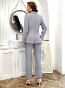 SHEIN Privé 女士雙排扣西裝外套和褲子套裝 - 灰色 - 查看 2
