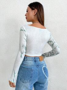Flirla Rose Printed Long Sleeve T-Shirt - White - View 2