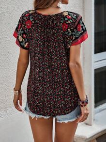 EMERY ROSE Women'S Floral Print Short Sleeve Shirt - Black - View 2