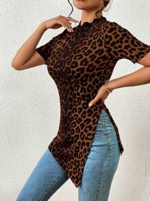SHEIN Essnce Leopard Top Casual & Commute Leopard Print Knitted High Elasticity Split Hem Half-Length T-Shirt For Summer