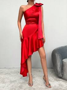 SHEIN Cottnline Women's Satin Ruffle Hem Cocktail Party Dress - Red - View 1