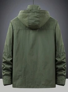 Chaqueta con capucha de manga larga para hombre con bolsillos con solapa y dobladillo con cordón, otoño - Verde militar - Ver 2