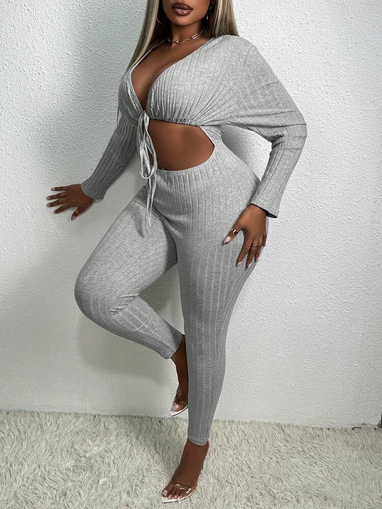 Plus Size Women'S Front Tie Ribbed Cutout Sleveless Jumpsuit