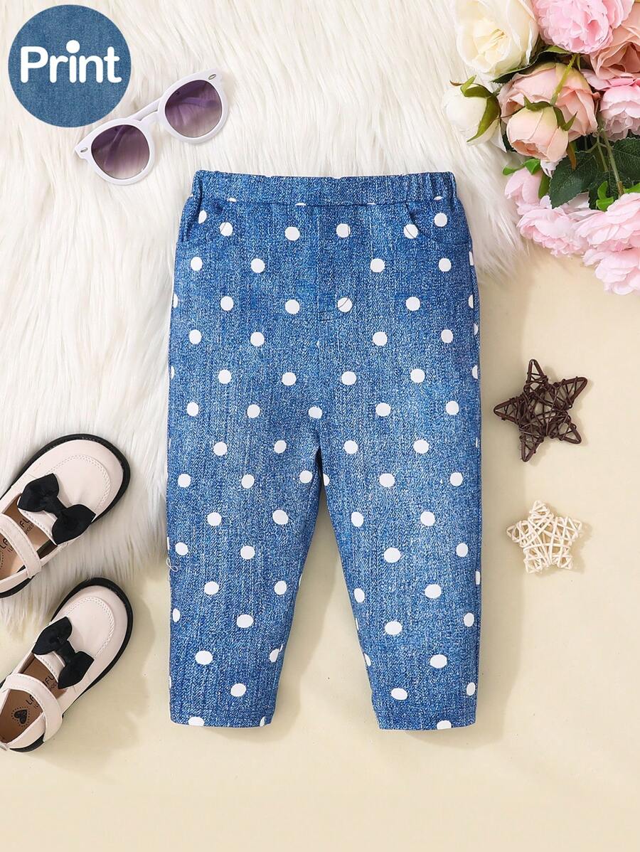SHEIN Baby Girl Casual Polka Dot Elastic Waist Pants - Blue - View 1