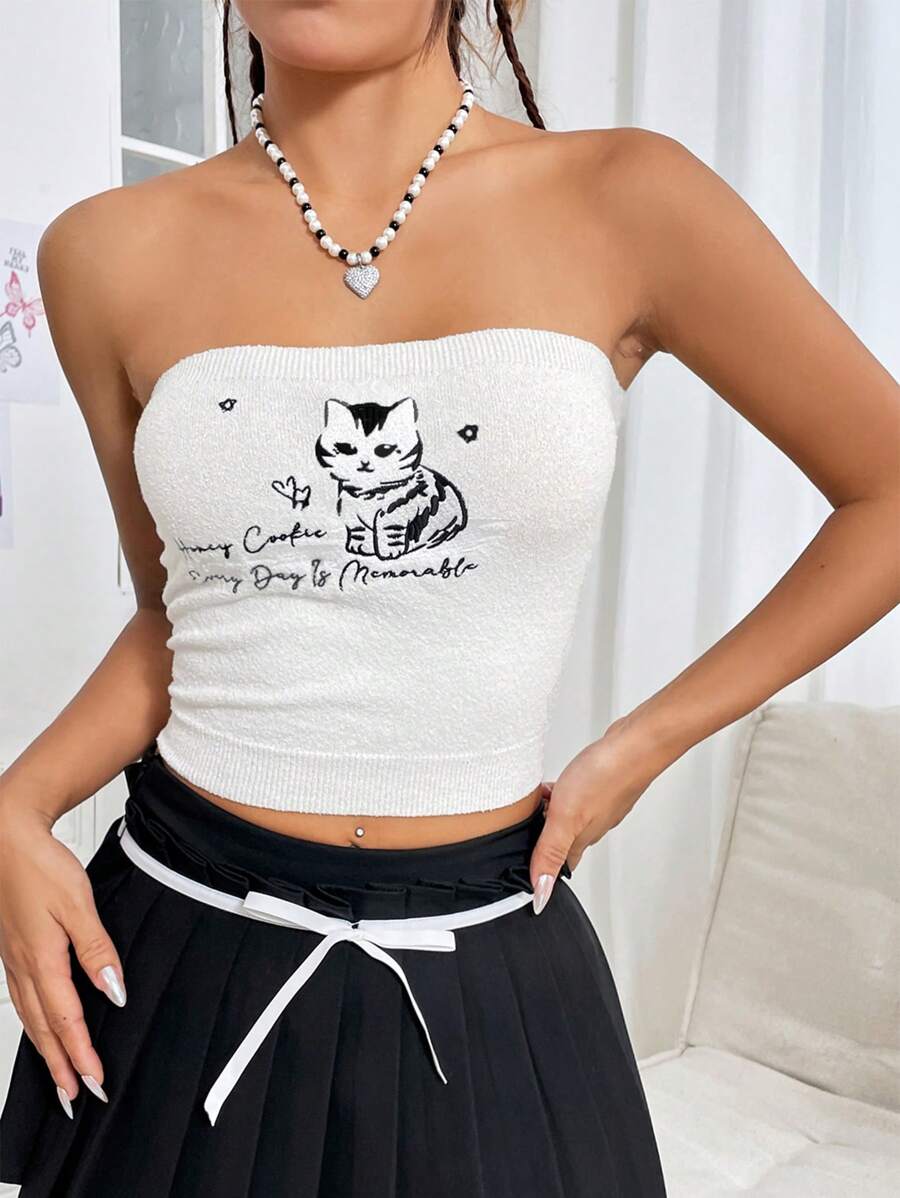 SHEIN EZwear Cat Embroidered Knitted Tank Top - Beige - View 1