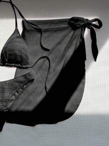 SHEIN Swim Summer Beach Women's Halter Strap Separated Bikini Set With Three Pieces Music Festival - Black - View 4