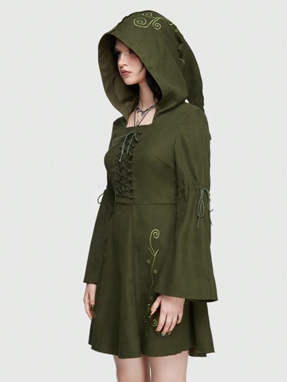 ROMWE Fairycore Embroidered Vineman Hooded Lace Up Elf Dress