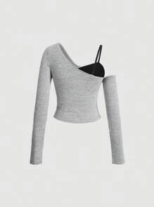 SHEIN MOD Women's Asymmetrical Collar Drawstring Contrast Color T-Shirt