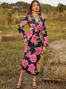 GENKIRA Floral Print Lantern Sleeve Hollow Out Waist Dress Fall Cloth For Women - Multicolor - View 4