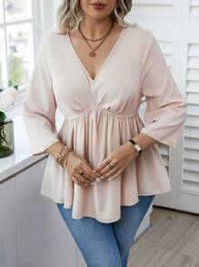 Calvaya 大尺寸純色荷葉邊上衣 - 杏色 - 查看 4