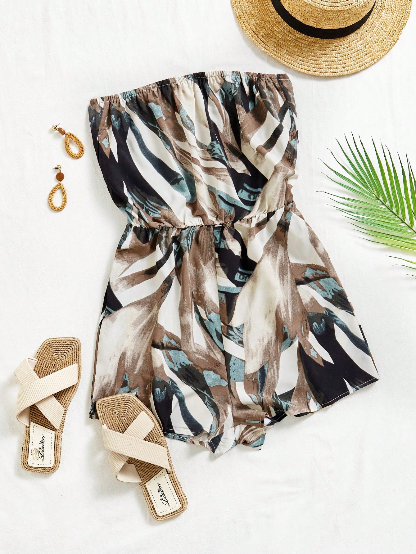 SHEIN VCAY Vacation Style Plant Printed Bandeau Romper (No Belt) Spring Summer Clothing sz2310111328343733