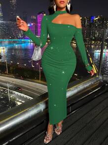 SHEIN Slayr 女士不对称领口闪光连衣裙 - 墨綠色 - 查看 1