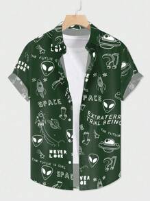 ROMWE MEN Street Life 男士外星人印花短袖襯衫,適合春夏日常穿著 - 軍綠色 - 查看 1