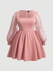 SHEIN MOD Plus Size Patchwork Lantern Sleeve Dress - Pink - View 1