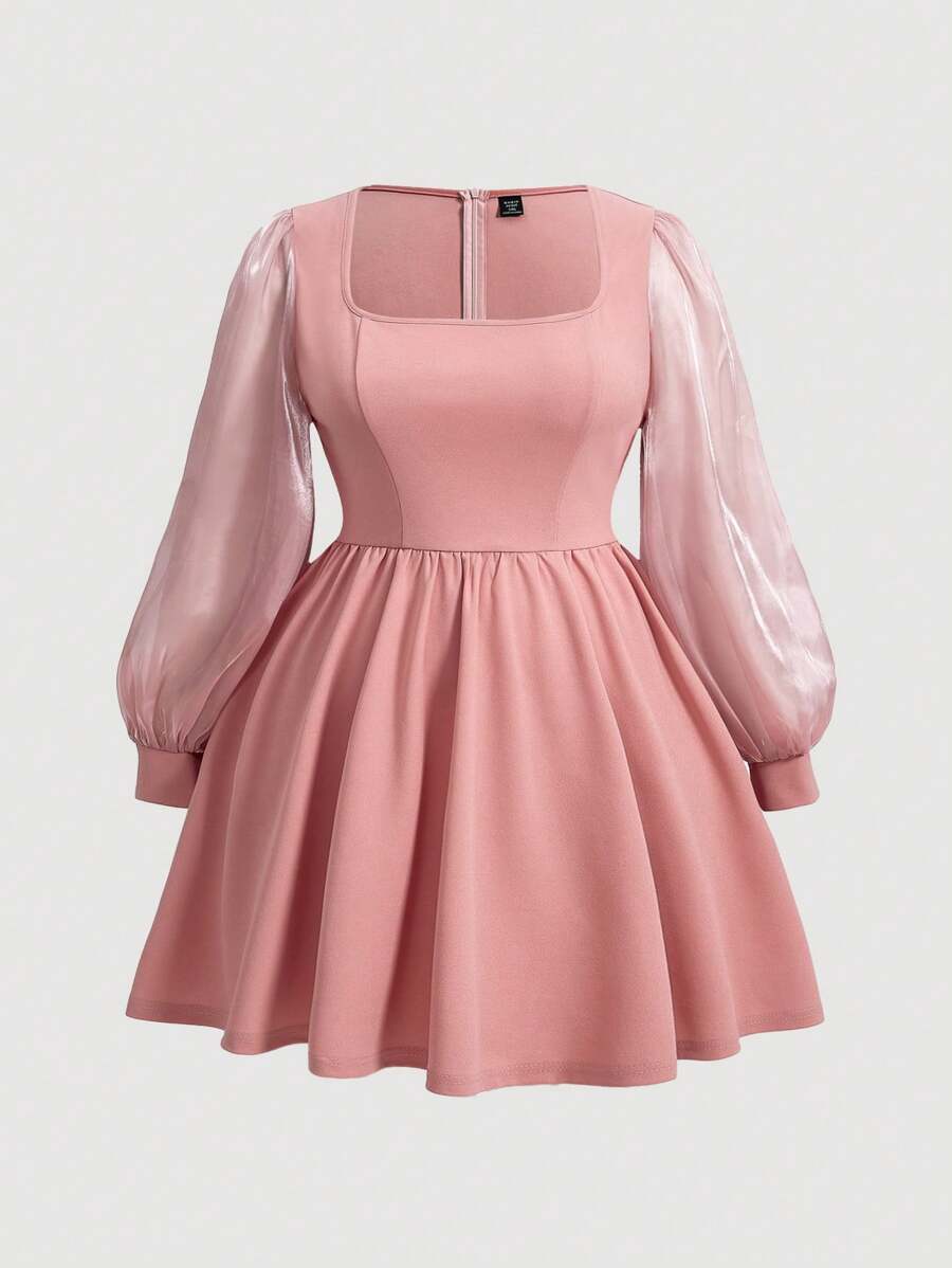 SHEIN MOD Plus Size Patchwork Lantern Sleeve Dress - Pink - View 1