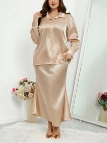 SHEIN Privé 加大尺碼女士絲綢短袖襯衫和裙子套裝,帶翻領設計 - 杏色 - 查看 4